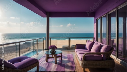 purple theme private luxury balcony with view of the beach from Generative AI © SevenThreeSky