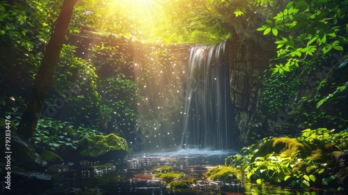 A hidden waterfall cascading through a lush rainforest, sunlight filtering through the vibrant foliage