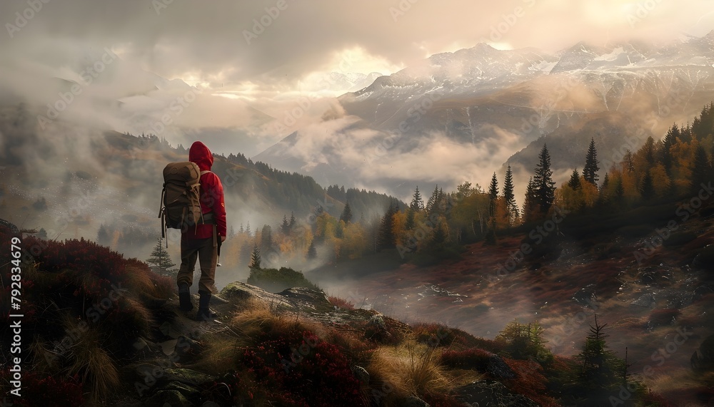 Obraz premium Hiker Finds Solace and Amid the Captivating Wilderness Landscape