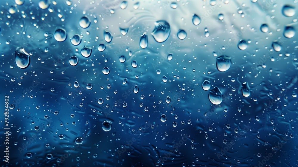 Blue Water Drops on Glass Surface Blue Water Drops on Glass Surface
