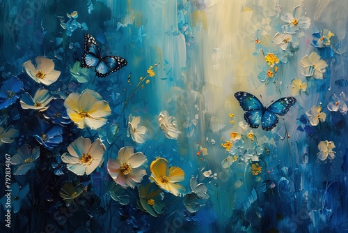 Fantasy Garden: Vibrant Butterflies and Yellow pink  Flowers Oil Painting photo