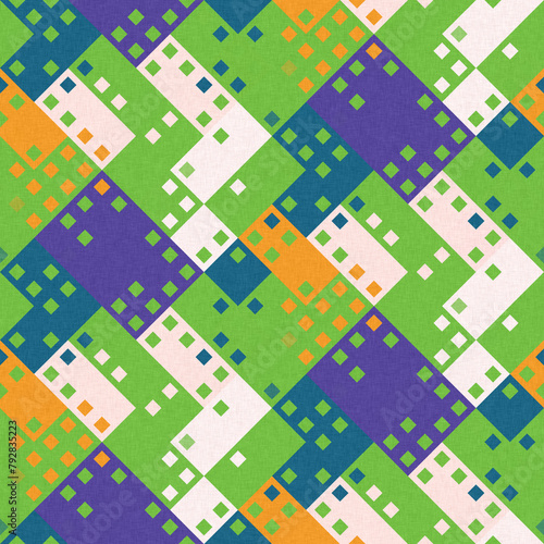 Simple glitch geometric seamless abstract pattern with playful woven summer color. Bright whimsical gender neutral bold irregular shape textile Cotton effect background. 