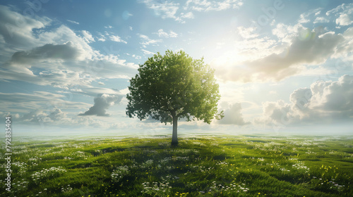 Lonely Spreading Tree on a Green Lawn Against a Blue Sky with Fluffy Clouds, Serene Nature Scene, Symbol of Solitude and Growth in a Peaceful Landscape