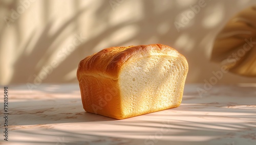 Detailed close-up of a perfect golden brown bread loaf with a fine crumb texture, highlighted by sunlight photo