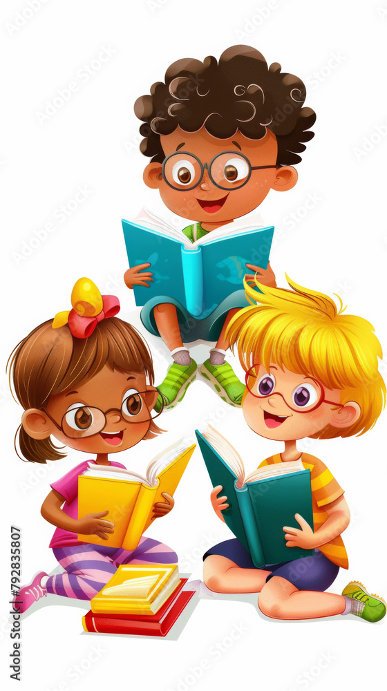 A group of children reading books together A group of children reading books together