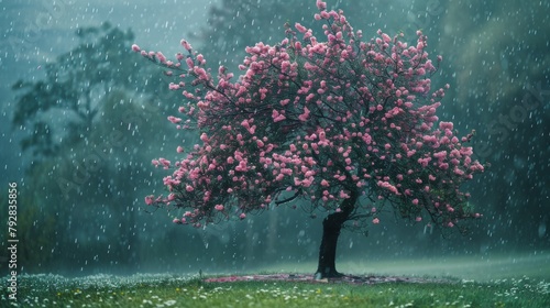 A tree with pink flowers in the rain