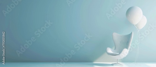 An artistic chair with a balloon on a purist blue background. A 3D rendering of this chair. photo