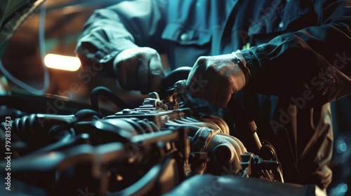 Close-Up of Auto Mechanic Performing Engine Repair in Workshop