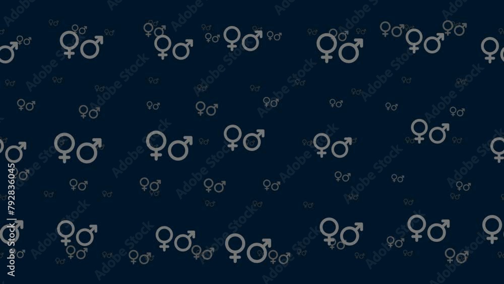 Gender symbols float horizontally from left to right. Parallax fly effect. Floating symbols are located randomly. Seamless looped 4k animation on dark blue background Gender symbols float horizontally from left to right. Parallax fly effect. Floating symbols are located randomly. Seamless looped 4k animation on dark blue background