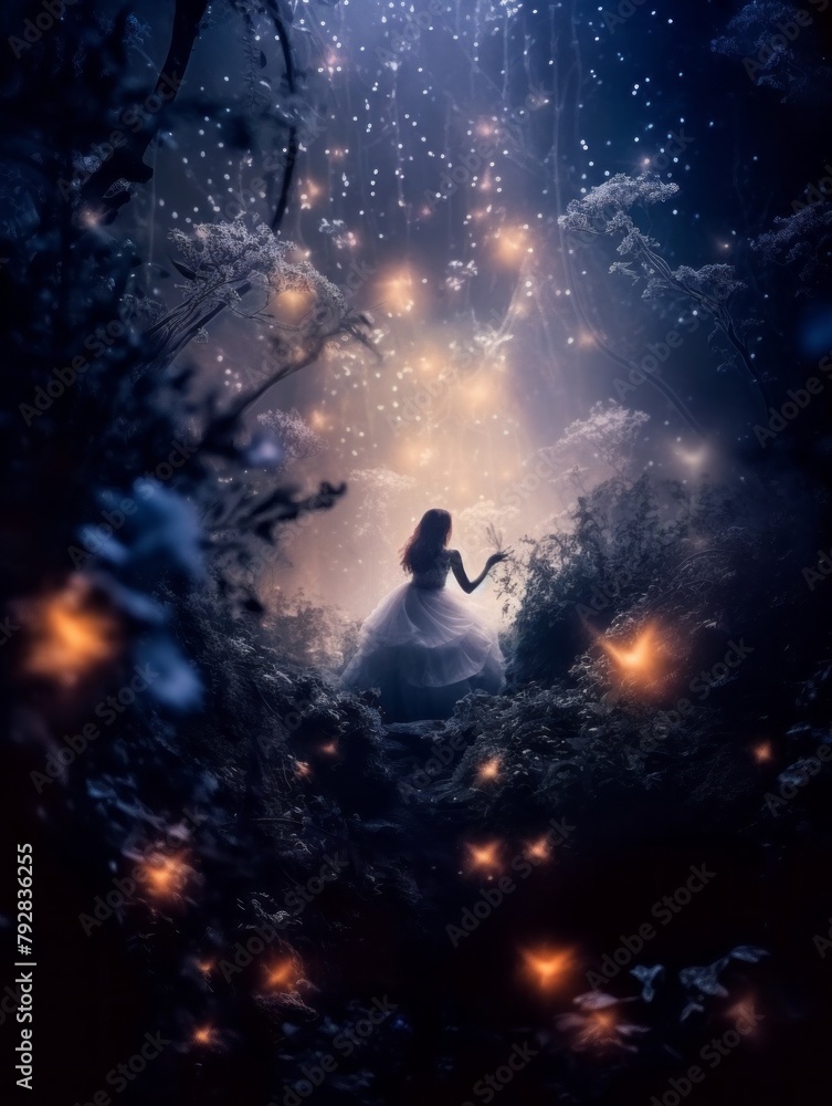 Obraz premium Woman in a white dress walks through an enchanted forest at night. Magical scene with glowing fireflies, sparkling lights, and ethereal atmosphere. Fantasy art.