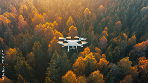 Drone hovering over autumn forest at sunset.