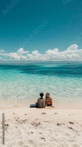 Two people sitting on a beach looking out at the ocean