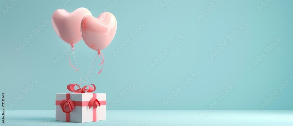 Three dimensional rendering of balloons with hearts on pastel blue backgrounds.