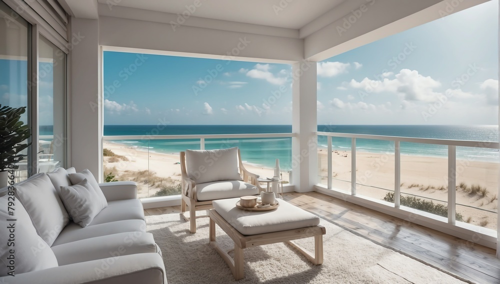 white theme private luxury balcony with view of the beach from Generative AI