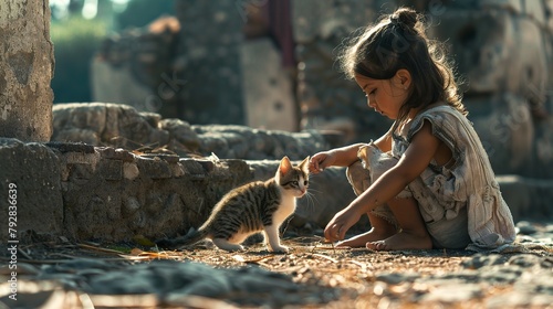 Little girl play with cat