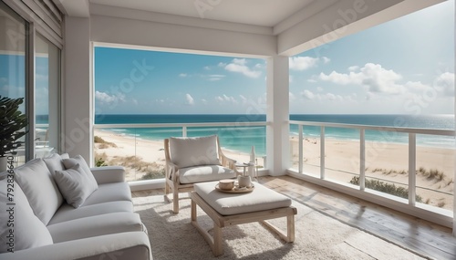 white theme private luxury balcony with view of the beach from Generative AI © SevenThreeSky