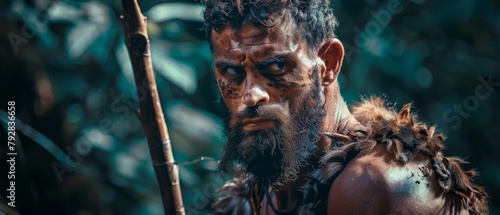 An early caveman wearing animal skin and fur hunting with a stone tipped spear in a prehistoric forest. An early Neanderthal hunter scavenging in the jungle with prehistoric tools.