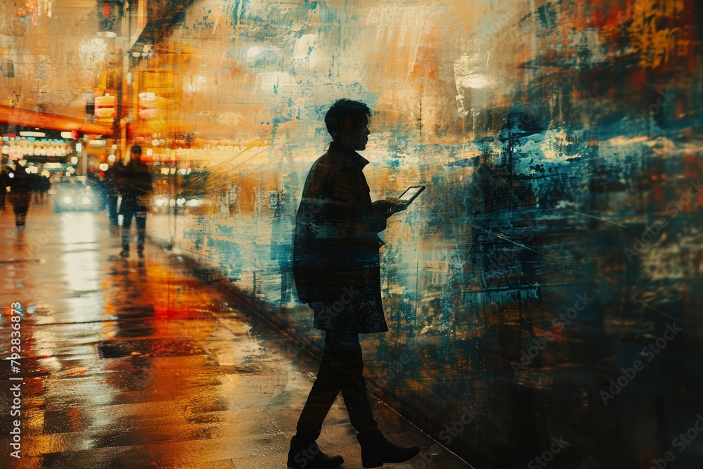 Motion blur painting of A man downloading a file, Blurry line painting