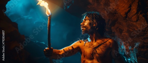 The Neanderthals searched for a safe place to sleep in the cave in the dark while wearing animal skin, holding a torch with a flame, and admiring drawings on the walls. An early caveman wearing photo