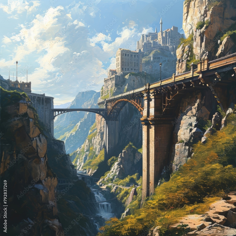 oil painting of landscape of a bridge leading into a large city