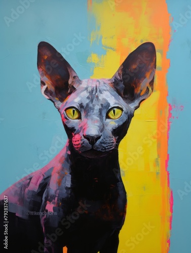 Black sphynx cat oil painting, light blue background. Illustration for poster, print, wed design, banner. Water drops. Summer design. 