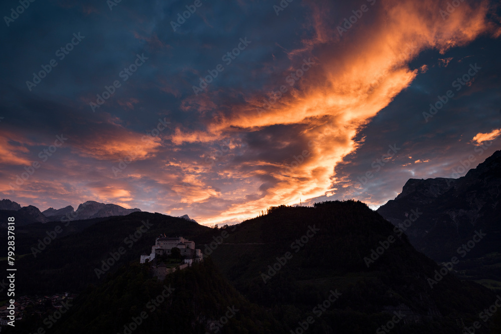 Sunset with Red Clouds over Werfen and Burg Hohenwerfen