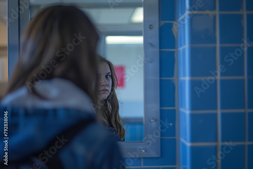 In the solitude of a school bathroom - a student's sad reflection in the mirror captures the internal struggle and entrapment of bullying photo