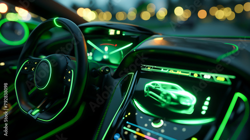 Electric car dashboard lights, Focus on the visual appeal of the sleekly black dashboard and green lights © Anthichada