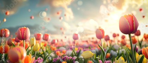 Beautiful sky and colorful eggs on meadow with colorful eggs. 3D render. © Антон Сальников