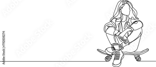 continuous single line drawing of young woman sitting on skateboard, line art vector illustration