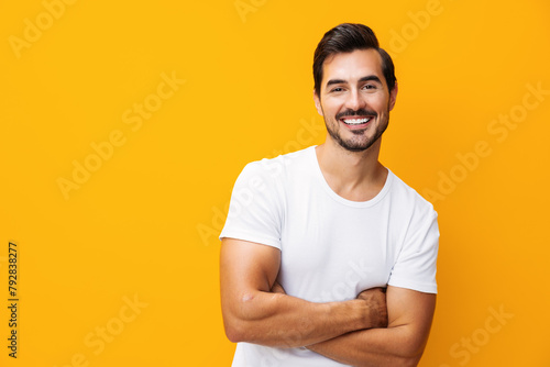 Studio man lifestyle shirt copy space portrait mockup template t-shirt white clothing casual background model