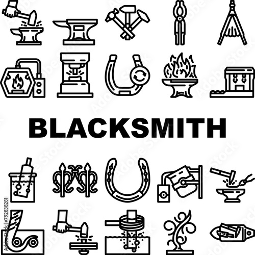 blacksmith forge anvil work icons set vector. sword hammer, smith strike, iron industry, medieval metal, hard old, welding blacksmith forge anvil work black contour illustrations