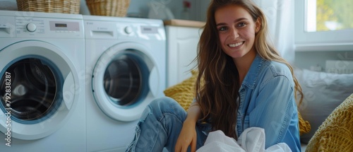 An attractive brunette young woman loads dirty laundry into the washer in a bright and spacious living room. Her clothes are dressed in homely jeans.