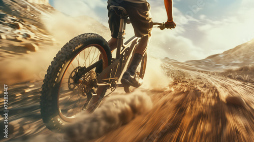 A man rides a mountain bike on a dusty dirt road in the mountains. The bike is going fast, and the man bends over in a turn photo