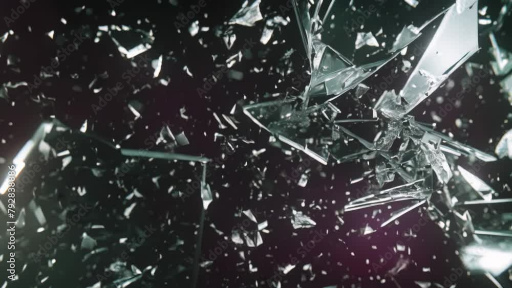Broken glass on dark background with hole, close up video