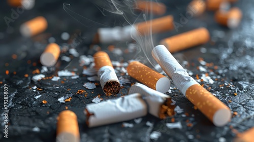 Scattered cigarette butts, no smoking, no tobacco day. Generative AI