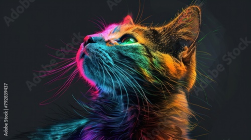 Multicolored abstract image of a smooth-haired cat in watercolor style on a black background. digital vector graphics © ศิริชาติ ชุมพล