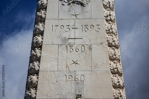 Century Monument (Monument du Centenaire) on Promenade des Anglais. Monument to the Centenary of the reunion of Nice with France was inaugurated on March 4, 1896 in the Albert I garden. Nice, France.