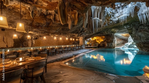 Indulge in a farmtotable dining experience where local ingredients are transformed into delicious organic meals served in a stunning cave restaurant. 2d flat cartoon.