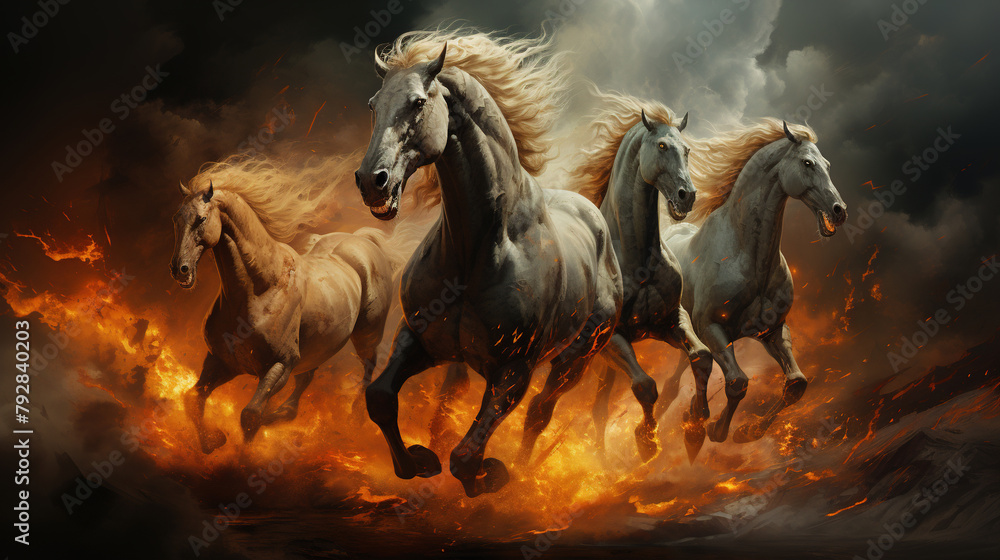 Many Horses Running With Flaming Hair Fly In The Air Many Horses Running With Flaming Hair Fly In The Air