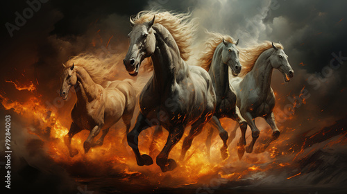 Many Horses Running With Flaming Hair Fly In The Air