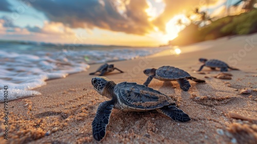 Fototapeta Naklejka Na Ścianę i Meble -  Newborn green sea turtle on a sandy beach Record of the first voyage to the sea