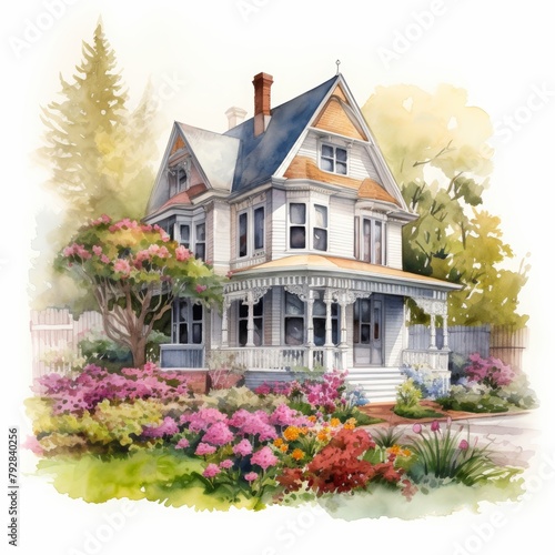 water color spring garden victorian house on white background