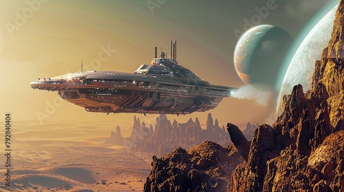 A colony ship approaching a habitable planet in the Alpha Centauri system photo