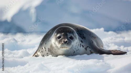 On a picturesque day near the Fish Islands in Antarctica, a Weddell Seal leisurely lounges on the sea ice, savoring the warmth of the sun photo