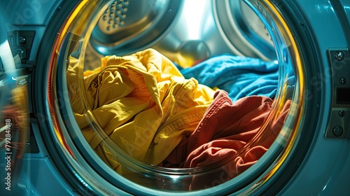 Paint a picture of the front view as clothing is gently inserted into the drum of a washing machine, ready to undergo the cleansing ritual.