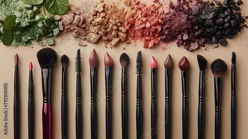 Makeup brushes and eye shadow palette, mascara, eyeliner, lipstick on beige background