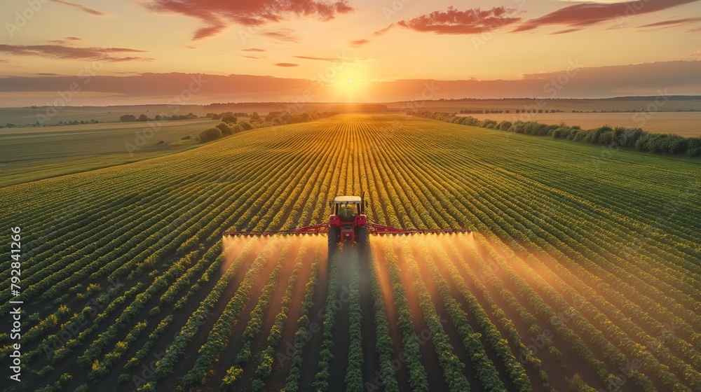 Fototapeta premium tractor spraying pesticides on the large field