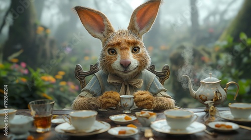 rabbit in the forest drinks tea © natalikp