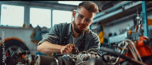 An expert mechanic works on a car in a workshop. A mechanic is wearing safety glasses and fixing the engine on a vehicle. A mechanic uses a ratchet to loosen bolts. Modern, clean workshop. photo